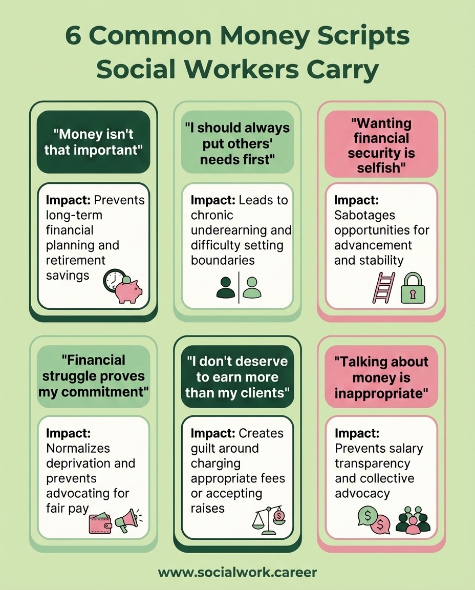 Infographic showing 6 common money scripts social workers carry and their impact on financial behaviors and wellbeing