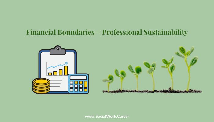 Visual metaphor showing how financial boundaries lead to professional sustainability for social workers: financial planning tools on left, growing seedlings representing sustainable career growth on right