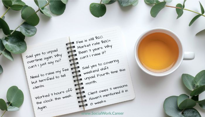 Journal showing financial boundaries social workers struggle to set, including notes about unpaid overtime, undercharging, and avoiding fee discussions