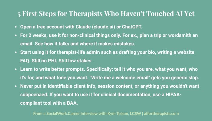 AI tools for therapists — 5 first steps for mental health providers who haven't started yet, by Kym Tolson LCSW