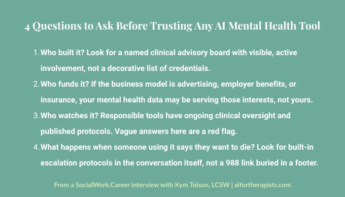 4 questions therapists should ask before trusting any AI mental health tool — checklist by Kym Tolson LCSW via SocialWork.Career